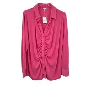 Cato blouse button front stretch ruched slinky travel pink 22W-24W NEW
